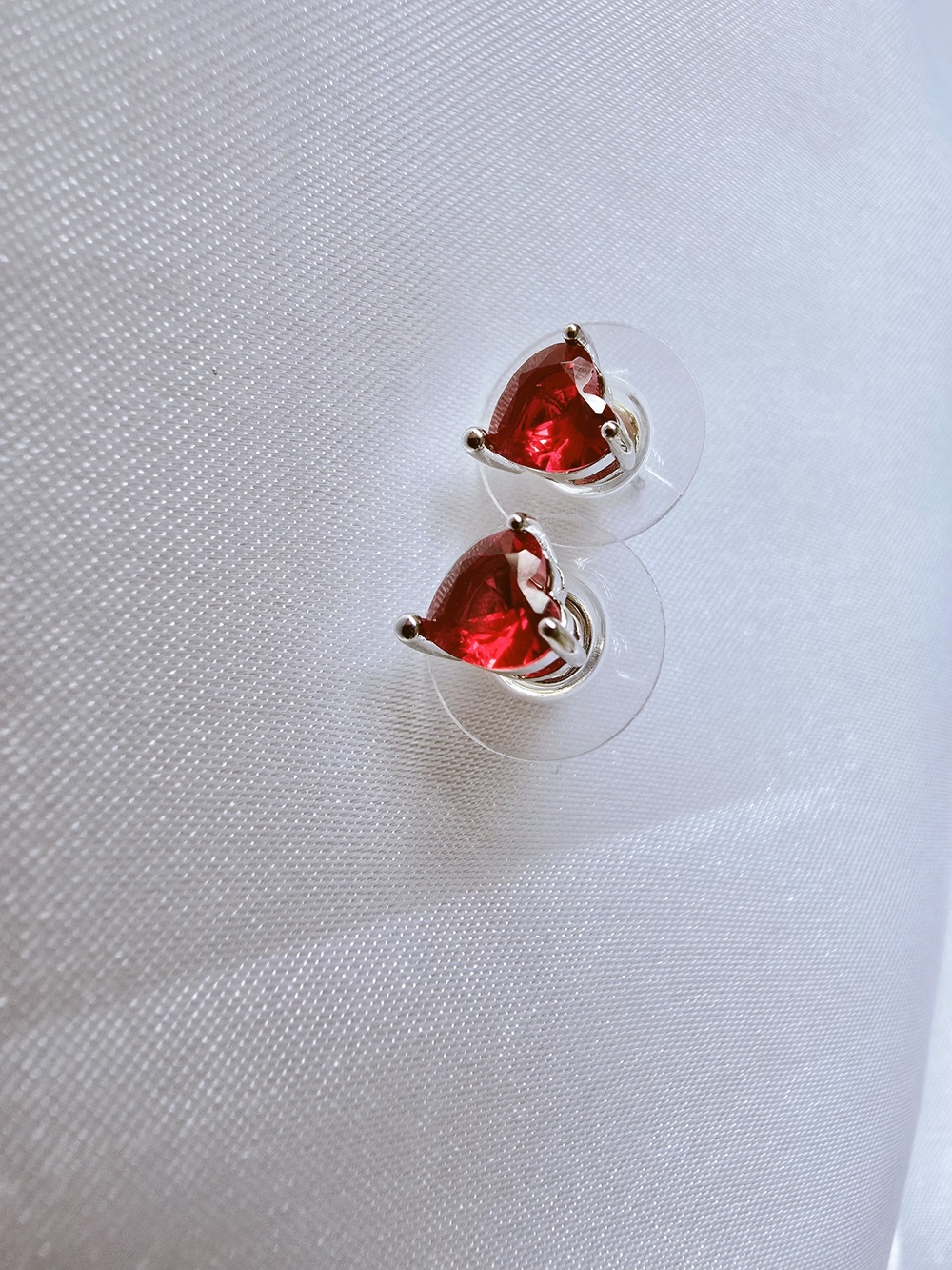 Red Heart Crystal Stud Earrings - Silver Tone